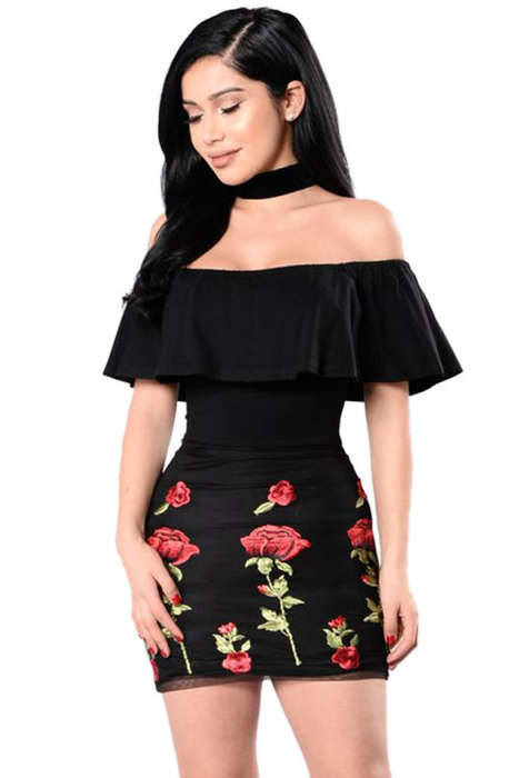 DRESSES/DRESS/WOMENS DRESSES/MINI DRESS/PARTY DRESS/FLORAL EMBROIDERY MINI BODYCON DRESS