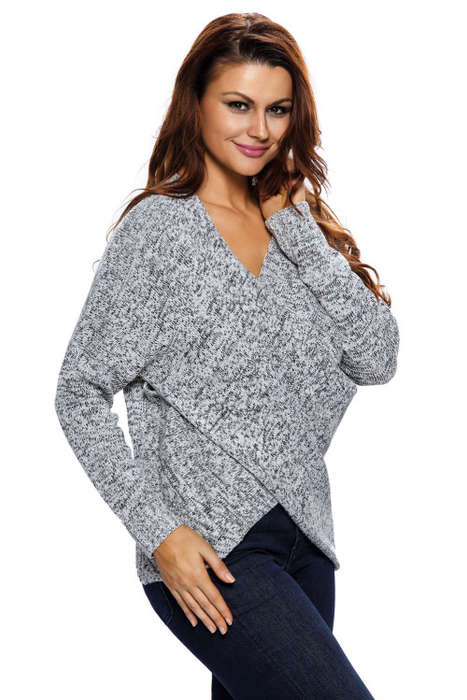 GORGEOUS GREY LONG SLEEVE CHUNKY CROSS WRAP V NECK TUNIC PULLOVER SWEATER - S/M/L/XL
