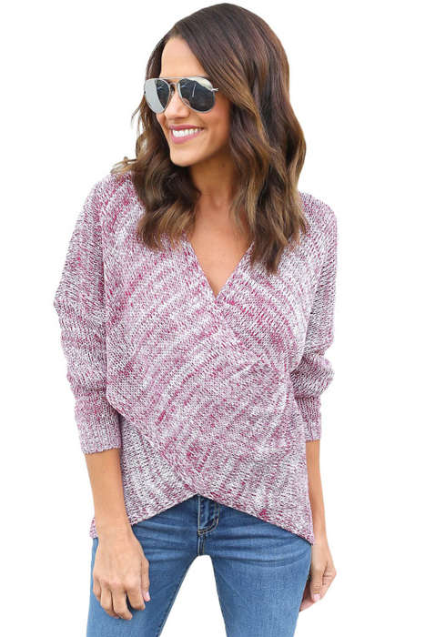 GORGEOUS LONG SLEEVE CHUNKY CROSS WRAP V NECK TUNIC PULLOVER SWEATER - S/M/L/XL