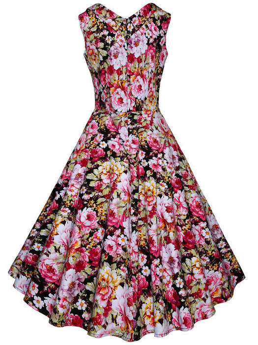 Vintage Floral Black And Pink Swing Party Dresses