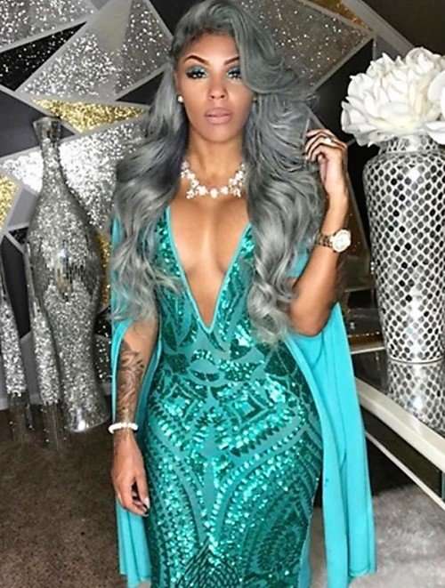 BLUE LANTERN SLEEVE DEEP V SEQUIN COCKTAIL PARTY EVENING BODYCON DRESS