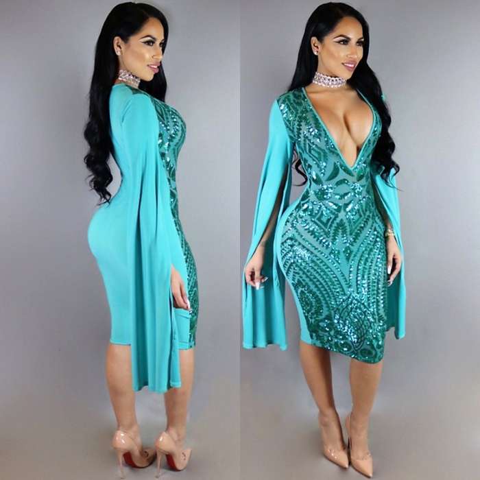 BLUE LANTERN SLEEVE DEEP V SEQUIN COCKTAIL PARTY EVENING BODYCON DRESS