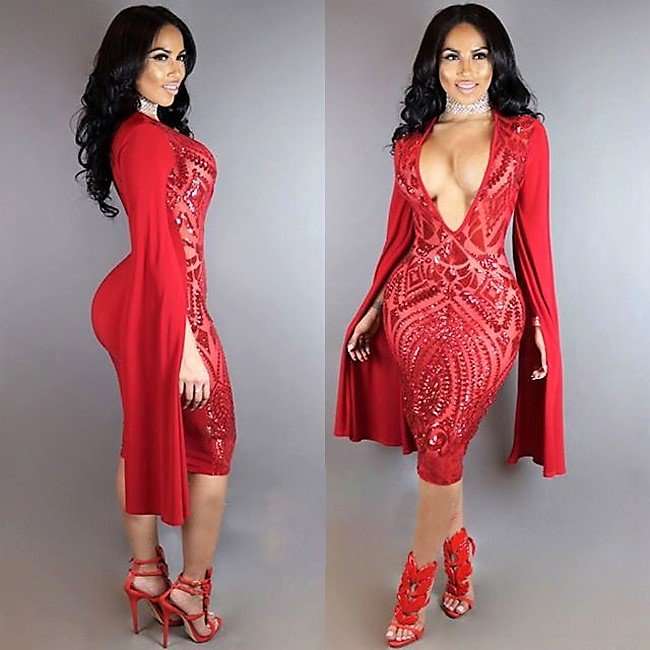 RED LANTERN SLEEVE DEEP V SEQUIN COCKTAIL PARTY EVENING BODYCON DRESS