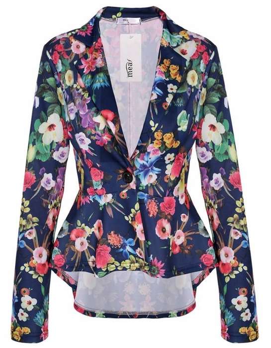 JACKETS/BLAZERS/WOMENS NOTCH LAPEL SINGLE BUTTON ASYMMETRICAL HEM FLORAL PEPLUM BLAZER JACKET