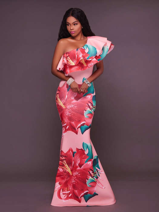 DRESSES/DRESS/WOMENS MAXI DRESS/PINK BOLD FLORAL ONE SHOULDER RUFFLE MAXI DRESS