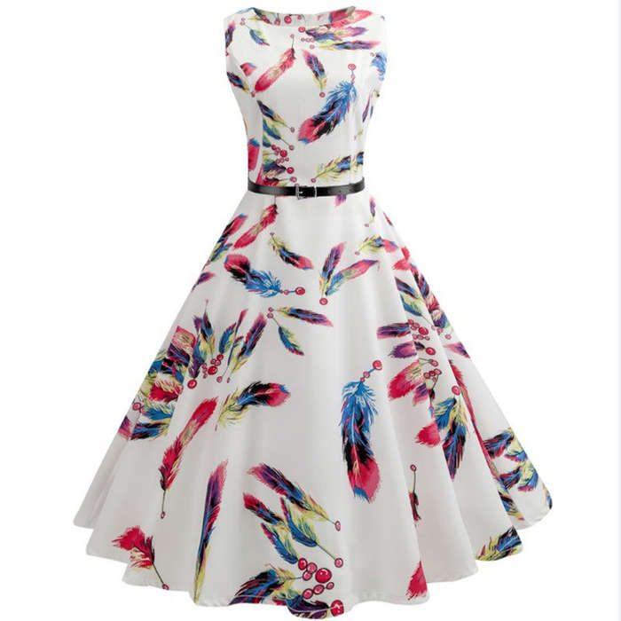 DRESS/DRESSES/WHITE DRESS/RETRO DRESS/SLEEVELESS DRESS/PRINTED DRESS