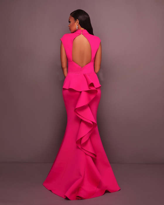 DRESSES/DRESS/EVENING DRESS/PINK DRESS/MAXI DRESS/PINK KEYHOLE BACK RUFFLE EVENING MAXI DRESS
