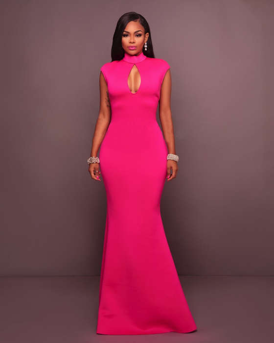 DRESSES/DRESS/EVENING DRESS/PINK DRESS/MAXI DRESS/PINK KEYHOLE BACK RUFFLE EVENING MAXI DRESS