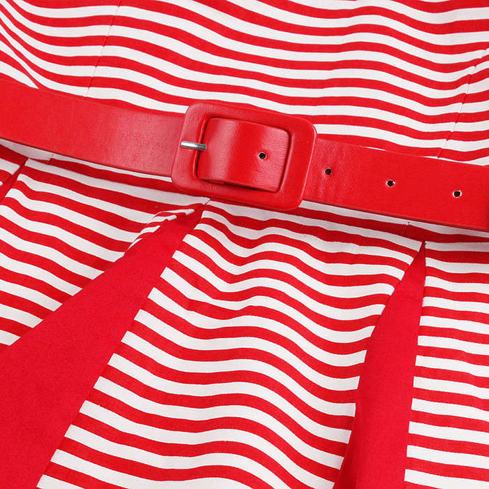 DRESSES/DRESS/ROCKABILLY DRESS/VINTAGE DRESS/VINTAGE RED AND WHITE STRIPED BELTED SWING DRESS