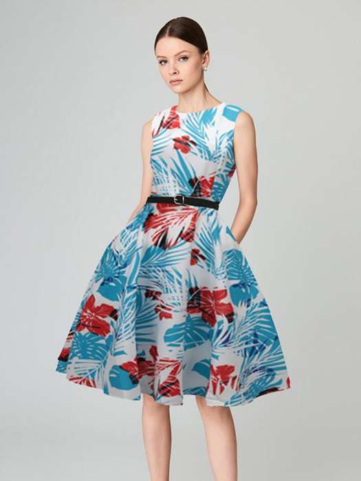 DRESSES/BLUE DRESS/SUMMER DRESS/FLORAL DRESS/SWING DRESS/RETRO DRESS
