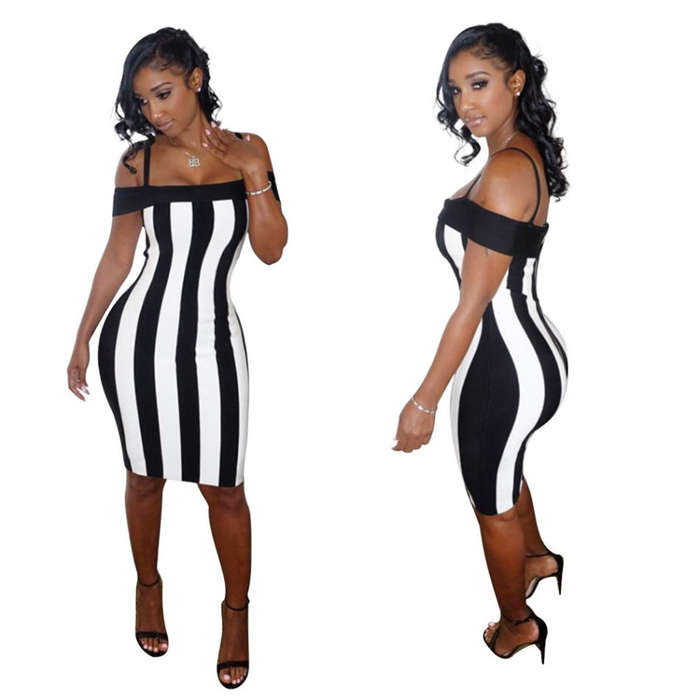 DRESSES/DRESS/BODYCON DRESS/MINI DRESS/OFF SHOULDER DRESS/BLACK WHITE DRESS/STRIPE DRESS/PARTY DRESS