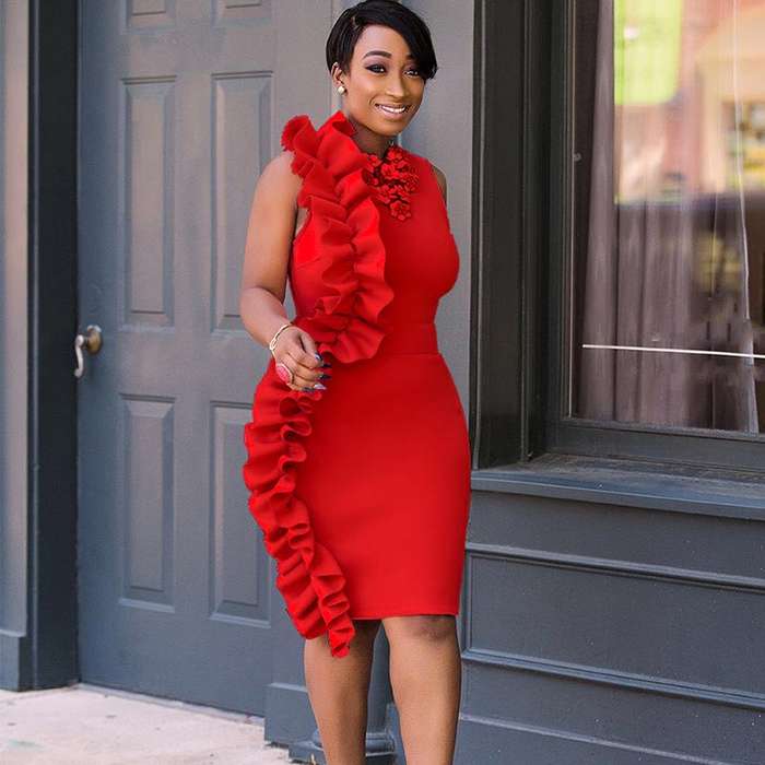 DRESSES/DRESS/RED DRESS/RUFFLE DRESS/BODYCON DRESS/PARTY DRESS/FORMAL DRESS