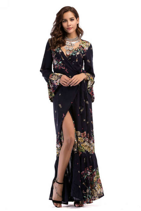Plus size floral print bell sleeve wrap dresses in navy blue