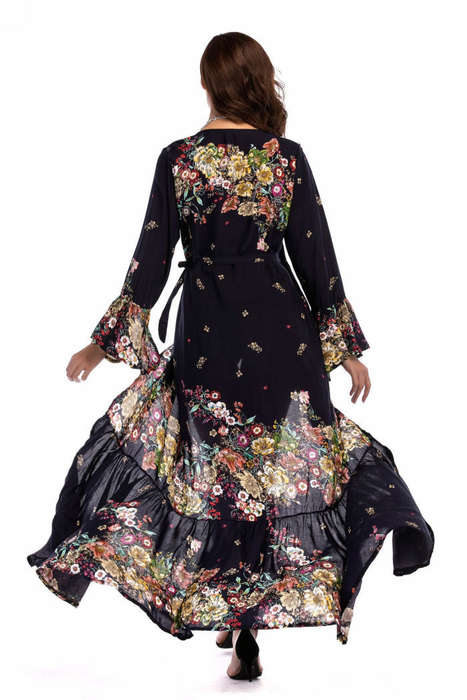 Plus size floral print bell sleeve wrap dresses in navy blue