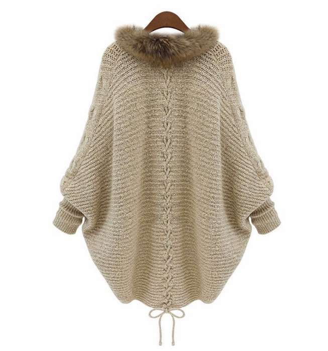 Women Warm Thick Winter Poncho Bat Sleeve Fur Collar Wool Sweater Knitted Long Cardigan