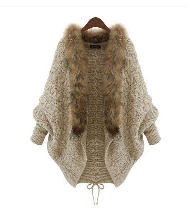 Women Warm Thick Winter Poncho Bat Sleeve Fur Collar Wool Sweater Knitted Long Cardigan