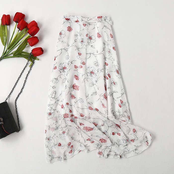 White Floral Print Asymmetric High Waist Fishtail Chiffon Self Wrap Skirt
