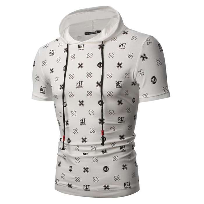 Men's Printed Short Sleeve Hooded Red Tees - Large