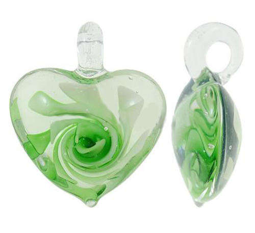 INNER FLOWER MURANO GLASS LAMPWORK PENDANT - HEART - GREEN - 37x33x16mm