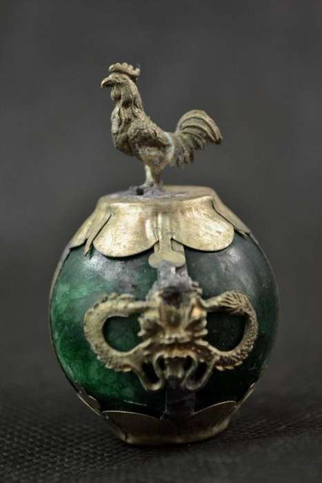 VINTAGE - CHINESE COLLECTIBLE - TIBET SILVER - GREEN JADE ZODIAC COCK STATUE - POST 1940'S