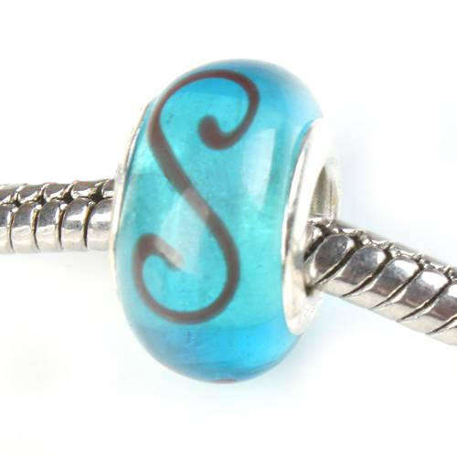 PANDORA STYLE 925 SILVER MURANO GLASS LAMPWORK BEADS - TURQUOISE WITH MAROON "S" DESIGN