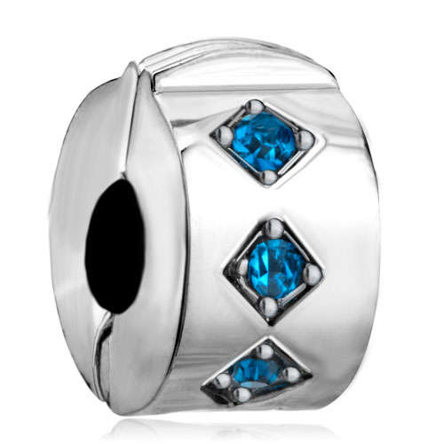 PUGSTER - SAPPHIRE SWAROVSKI CRYSTAL - ROUND CLIP LOCK STOPPER BEAD - FITS ALL EUROPEAN BRACELETS