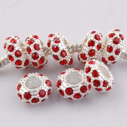 EUROPEAN STYLE - SILVER - RED RHINESTONE -  SPACER BEADS - FITS EUROPEAN BRACELETS - 11 x 6mm
