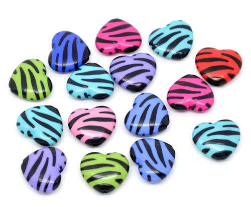 ACRYLIC - MIXED - ZEBRA STRIPED - HEART BEADS - 19x17mm