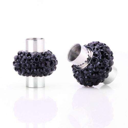 MAGNETIC CORD END CLASPS WITH BLACK CRYSTAL RHINESTONES - FITS 7mm CORDS
