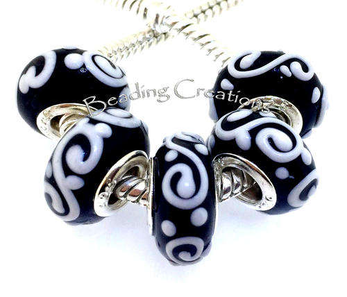 EUROPEAN STYLE - 925 SILVER CORE - MURANO GLASS BEADS - SOLID BLACK WITH WHITE SCROLL DESIGN