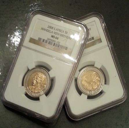 MS66 90th BIRTHDAY MANDELA AND SARB COINS.  2 IN 1!!!
