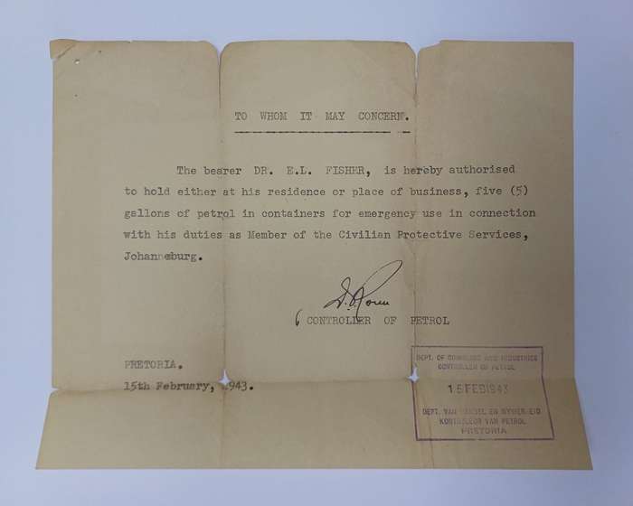 South African Rationing Scheme Coupon Book With Authorization Letter for 5 Gallons of Petrol