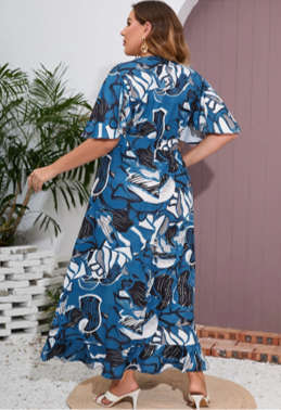Plus All-over Print Surplice Front Belted Dress