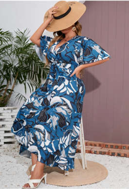 Plus All-over Print Surplice Front Belted Dress