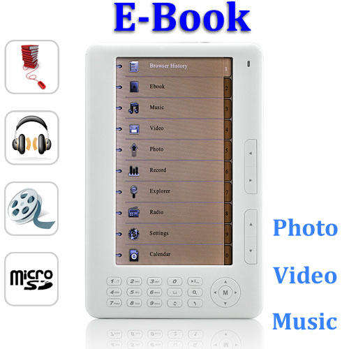 7 inch High Resolution 800 x 480 HD eBook reader, Super Media 720P Player with internal 4G memory