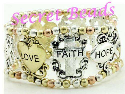 Antique Silver, Gold & Copper "Faith-Hope-Love" Stretch Bracelet