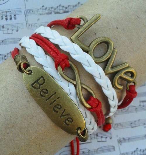 *** CLEARANCE SALE ***  Antique Bronze Believe & Love Infinity Bracelet - Red & White