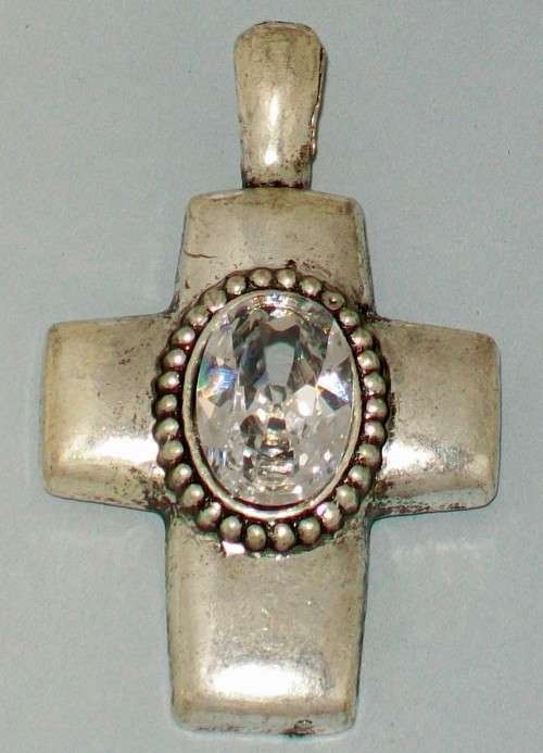 *** CLEARANCE SALE *** Antique Silver Clip-on Cross Pendant - Clear Rhinestone