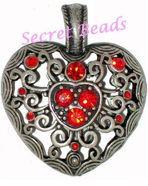 Ant. Silver Open-work Clip on Heart Pendant - Red Diamante