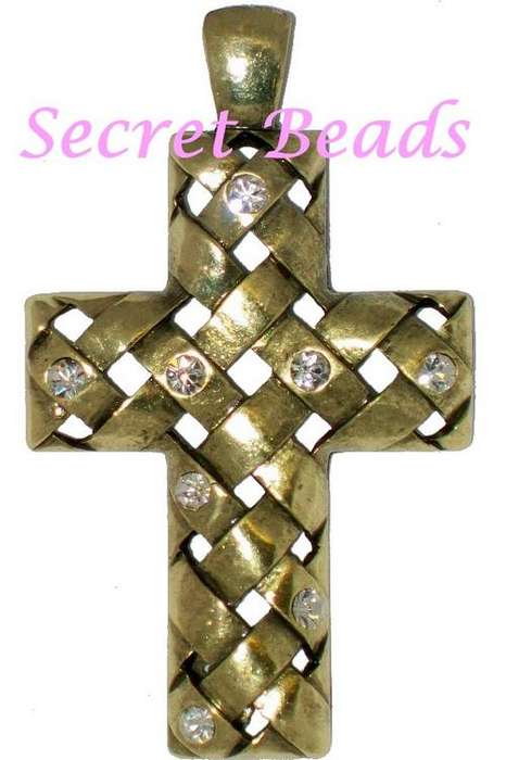 Large Brass Clip on Cross Pendant  - Clear Diamante Insets
