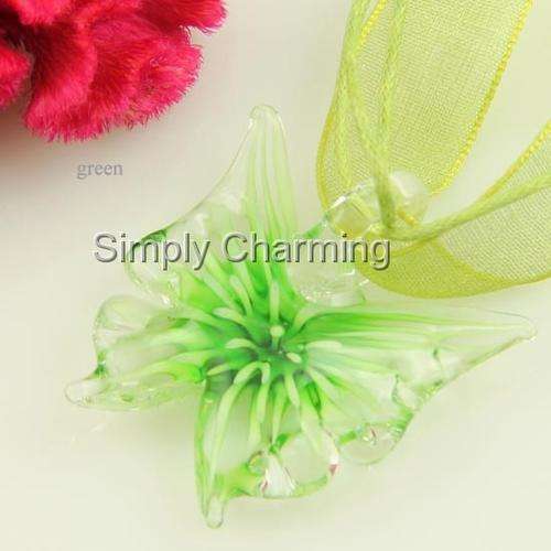 Glass Butterfly Pendant with Green Flower Set Inside (3D Effect) STUNNING & UNIQUE !!