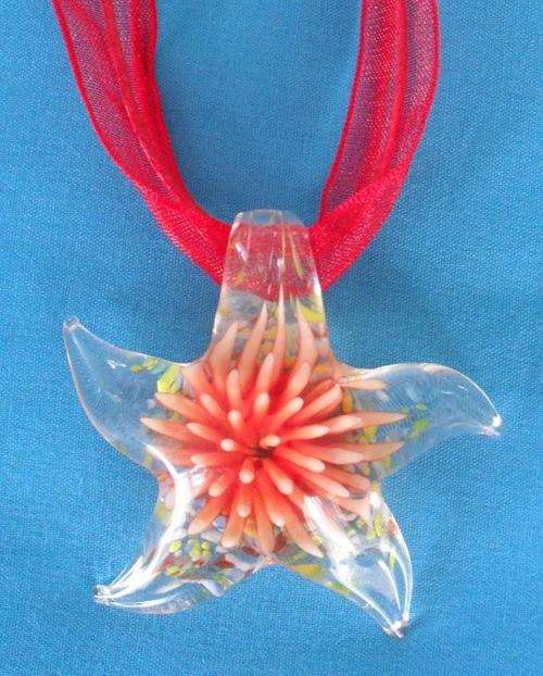 Glass Starfish Pendant with Red 3D Flower Set Inside Glass - STUNNING & SO UNIQUE !