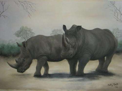 WHITE RHINOS AT SUNRISE   BY SALLY DELL