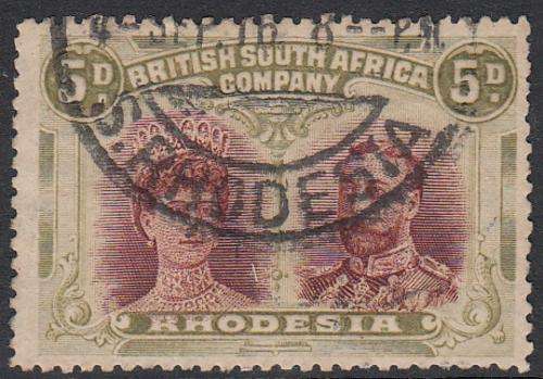 Rhodesia "Double Heads" 5d Lake-Brown & Olive Perf 15