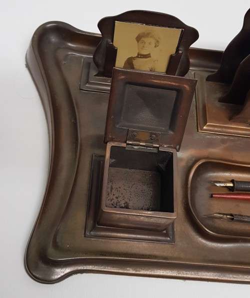 Vintage Bronze Desk Organiser with Inkwells 53 x 25cm as per photo