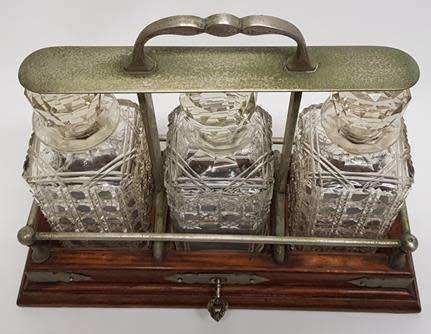 Vintage Oak Tantalus with 3 Cut Glass Decanters, incl key - 2 decanters has some chips as per photo
