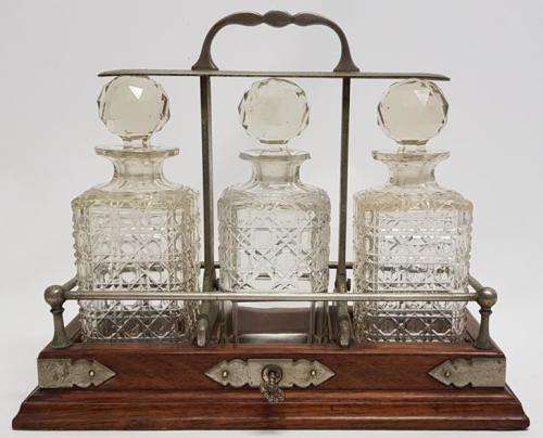 Vintage Oak Tantalus with 3 Cut Glass Decanters, incl key - 2 decanters has some chips as per photo