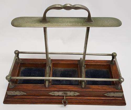 Vintage Oak Tantalus with 3 Cut Glass Decanters, incl key - 2 decanters has some chips as per photo