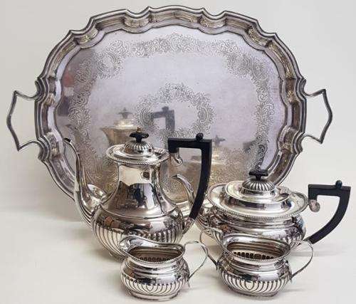EPNS Teaset including Coffee Pot, Teapot, Milk Jug, Sugar Bowl and Tray made in England as per photo