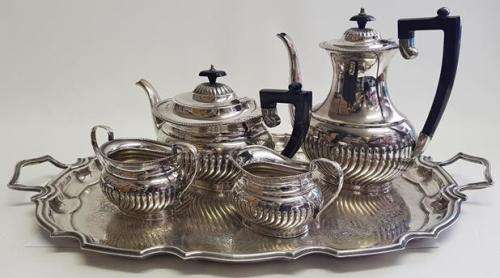 EPNS Teaset including Coffee Pot, Teapot, Milk Jug, Sugar Bowl and Tray made in England as per photo